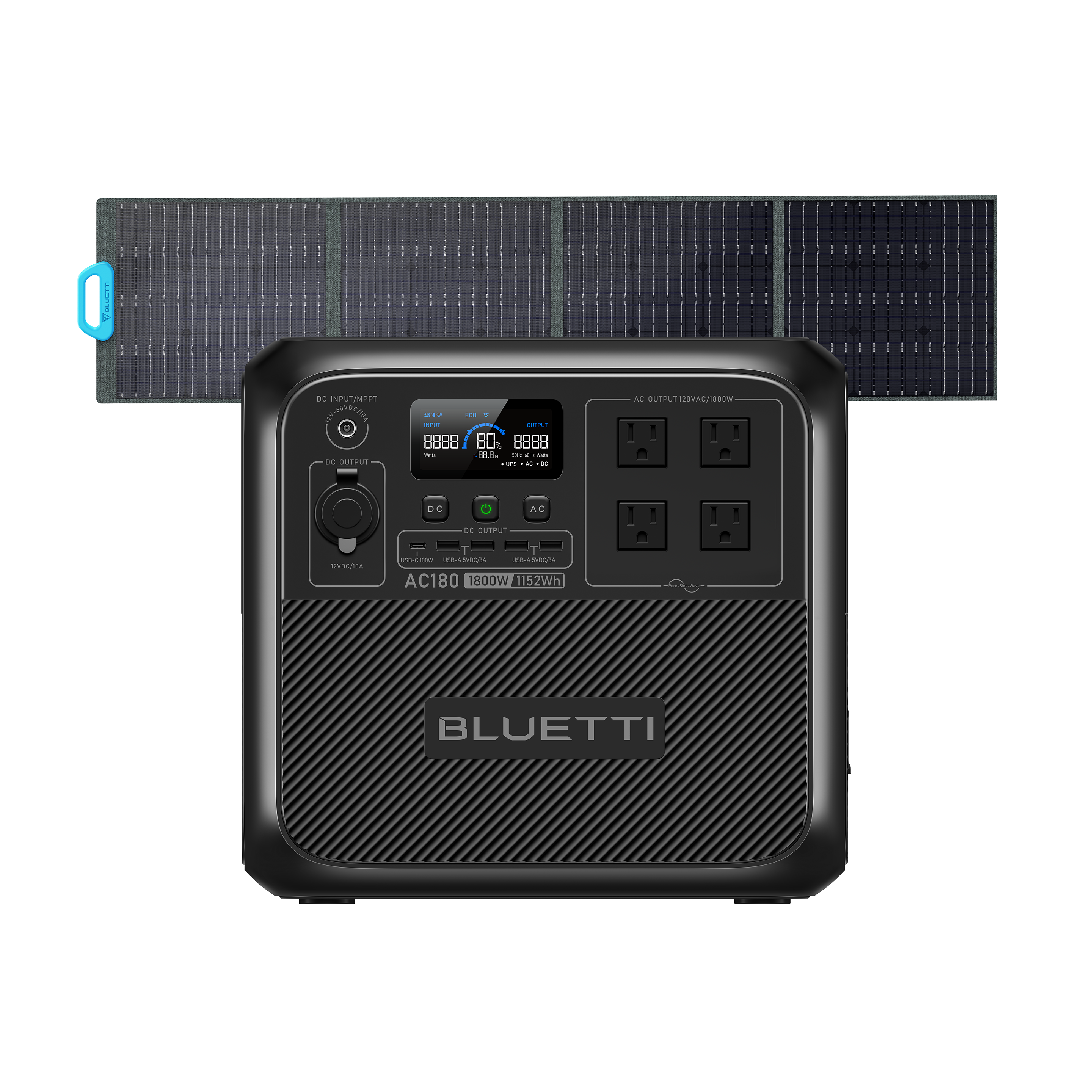 BLUETTI AC180 Solar Portable Power Station / 1,800W 1,152Wh / Flexible 4 Recharging Ways (AC/Solar/Car/Generator) AC180+PV200 / 1800W, 1152Wh, 200W